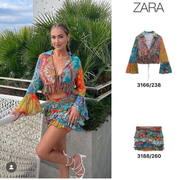 Zara Ruffled Printed Self tie shirt XL - Picture 2 of 10